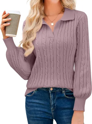 JUSTFASHIONNOW Womens Sweaters Polo V Neck Cable Knit Sweater Dressy Casual Pullover Jumper Tops Fall Winter Trendy