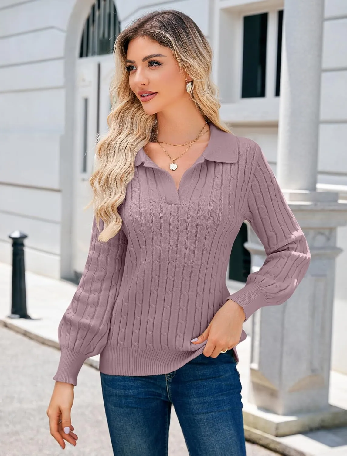 JUSTFASHIONNOW Womens Sweaters Polo V Neck Cable Knit Sweater Dressy Casual Pullover Jumper Tops Fall Winter Trendy