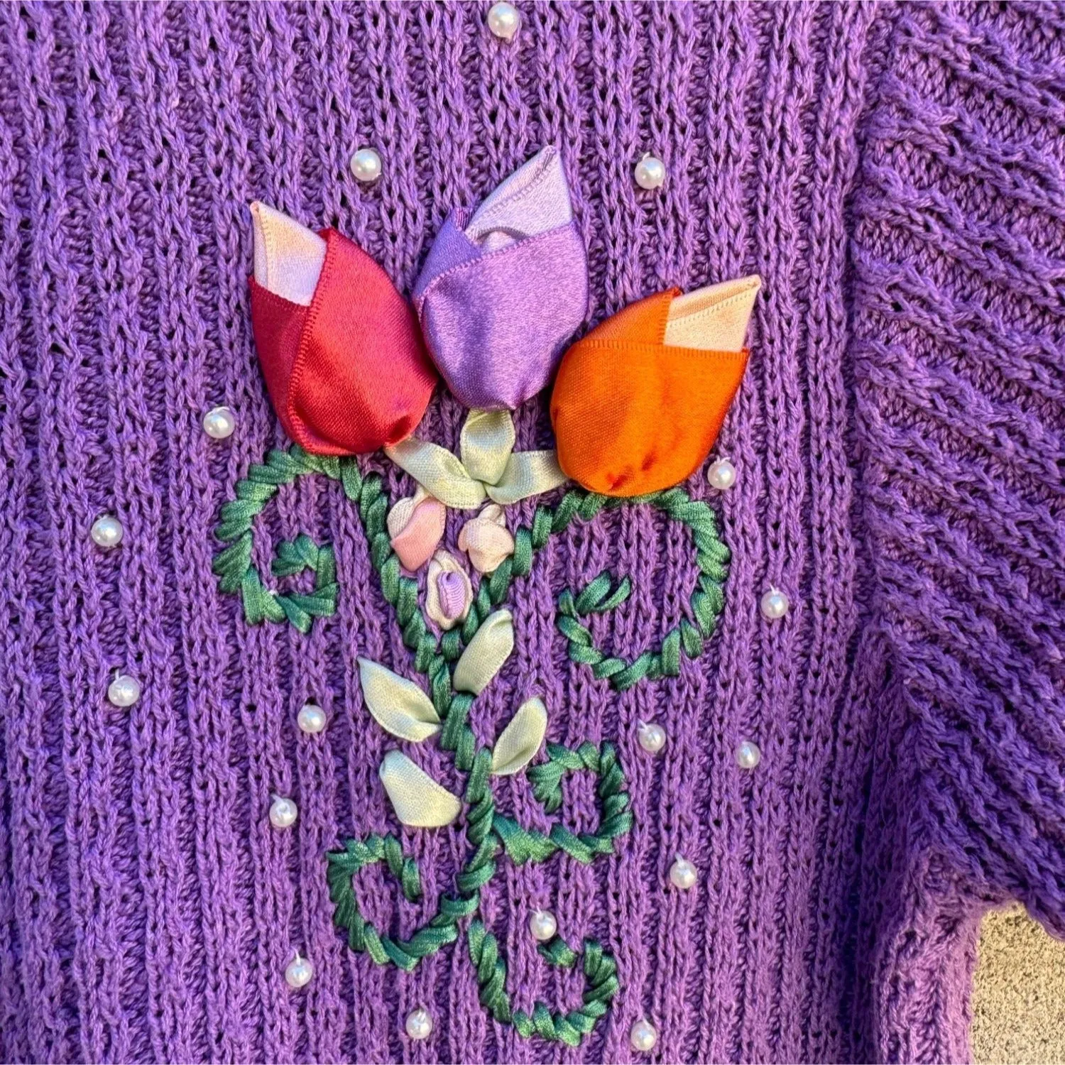 Lacy Afternoon Women's Purple Floral Embroidery Cottage Granny Cardigan Sweater