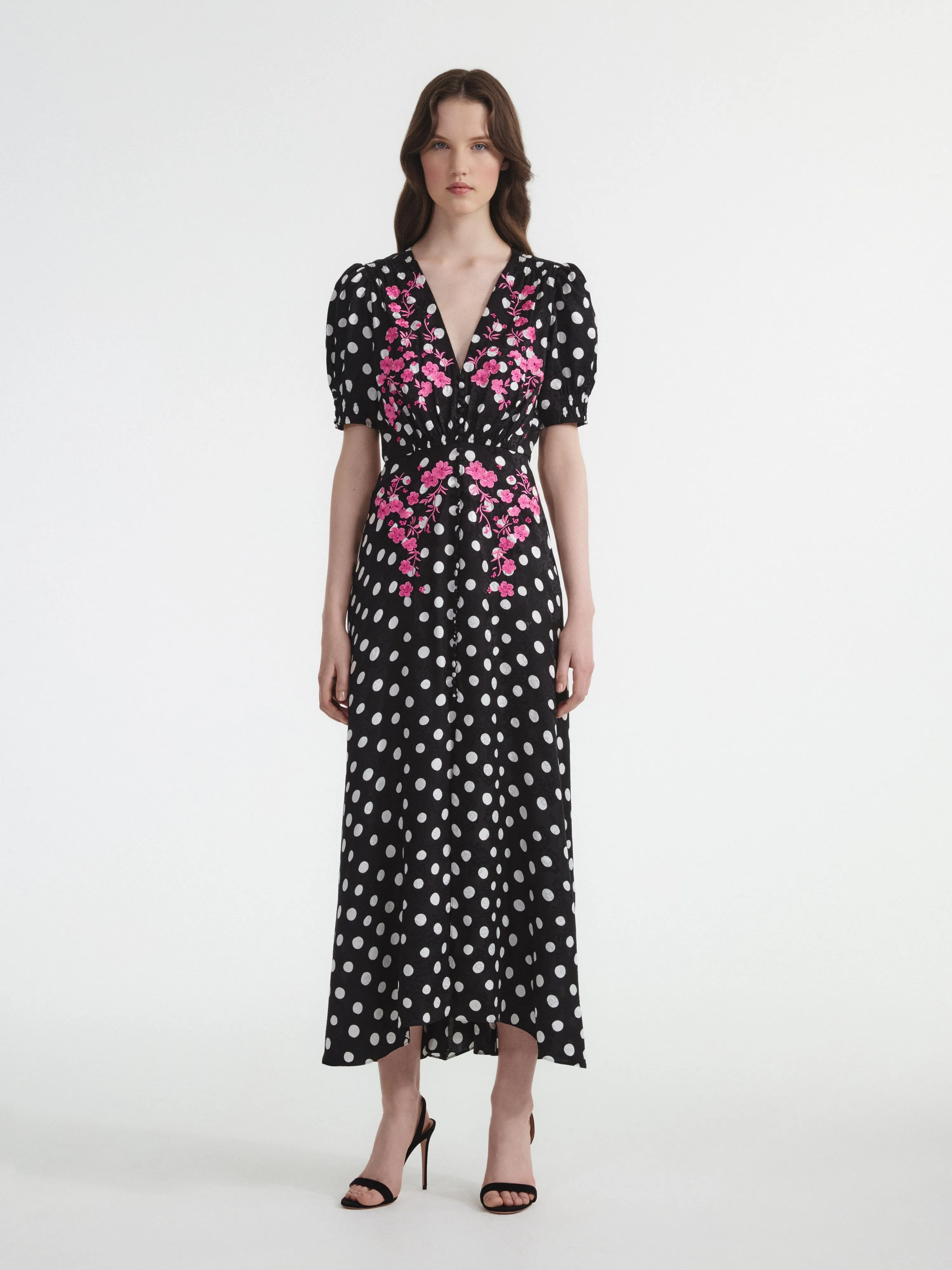 Lea Long Dress in Polka Dot Flower Embroidery