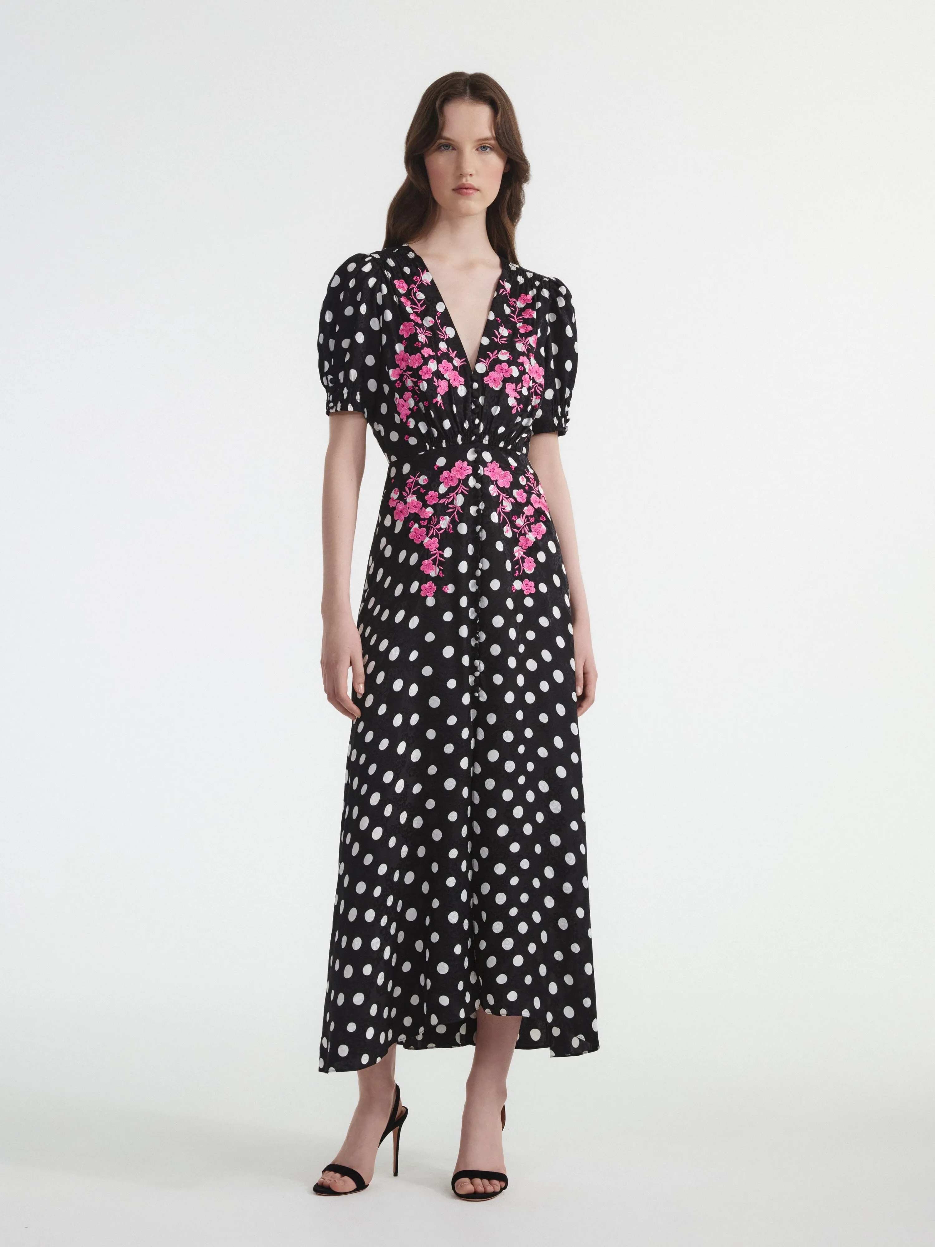 Lea Long Dress in Polka Dot Flower Embroidery