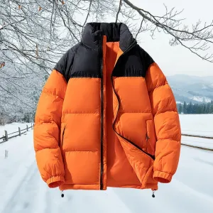 Men's Puffer Jacket Thickened Winter Warm Coat Stand Collar Color Block Zip Up Jacket Ski Bubble Coat Pockets