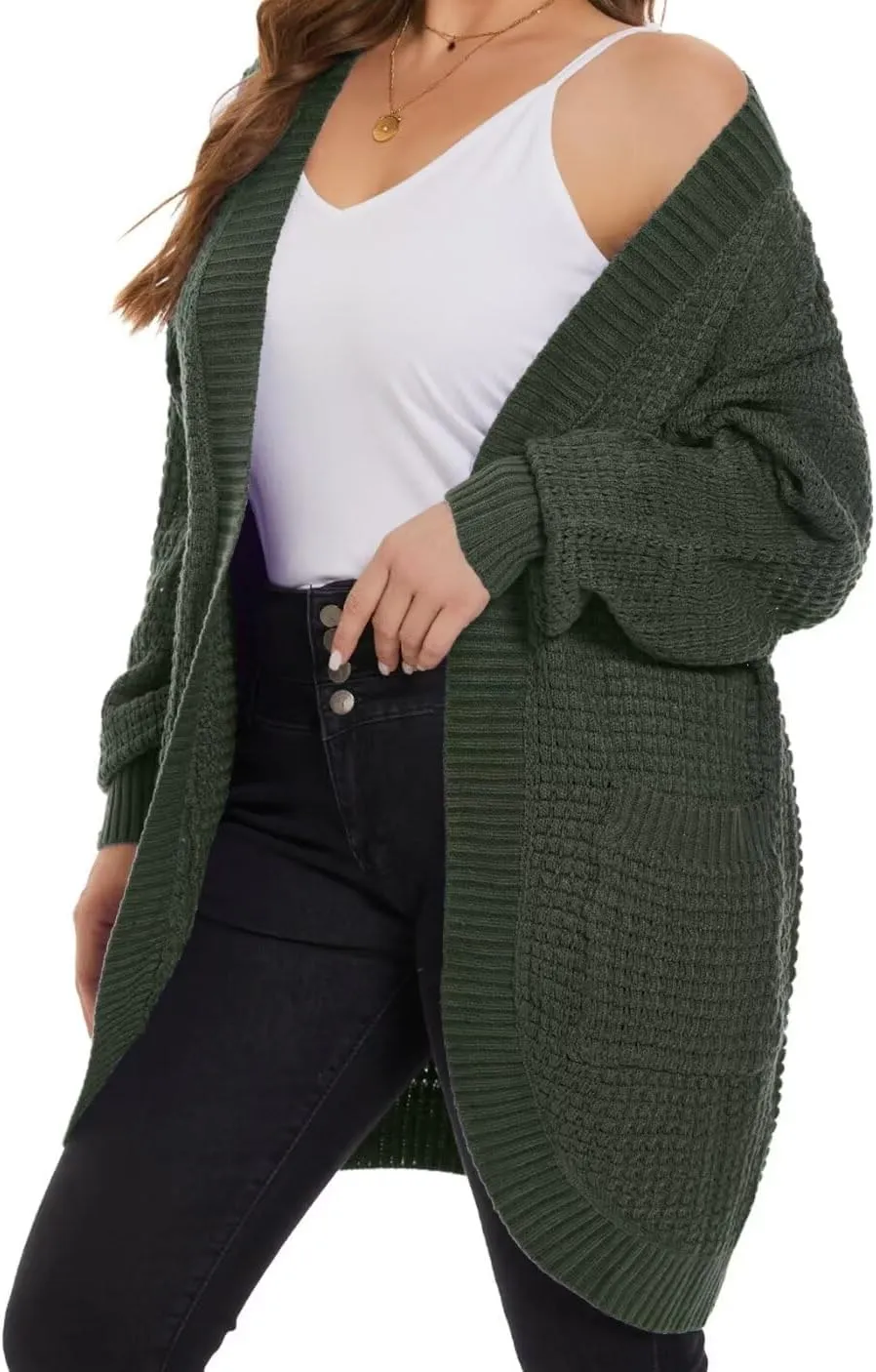 MONNURO Womens Plus Size Open Front Cardigan Waffle Knit Long Sleeve Sweaters Tops 2025 Fall Coat Outerwear with Pockets
