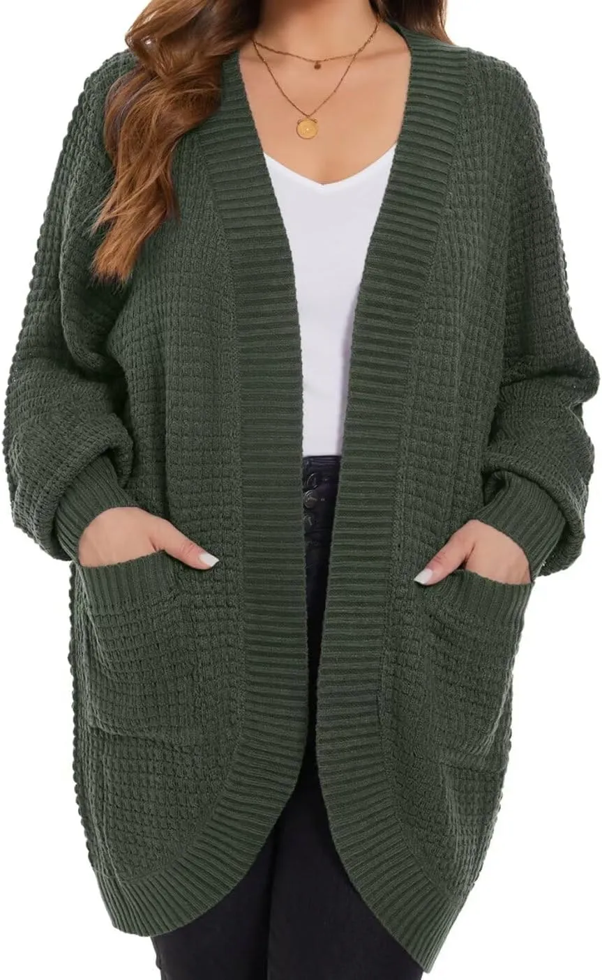 MONNURO Womens Plus Size Open Front Cardigan Waffle Knit Long Sleeve Sweaters Tops 2025 Fall Coat Outerwear with Pockets