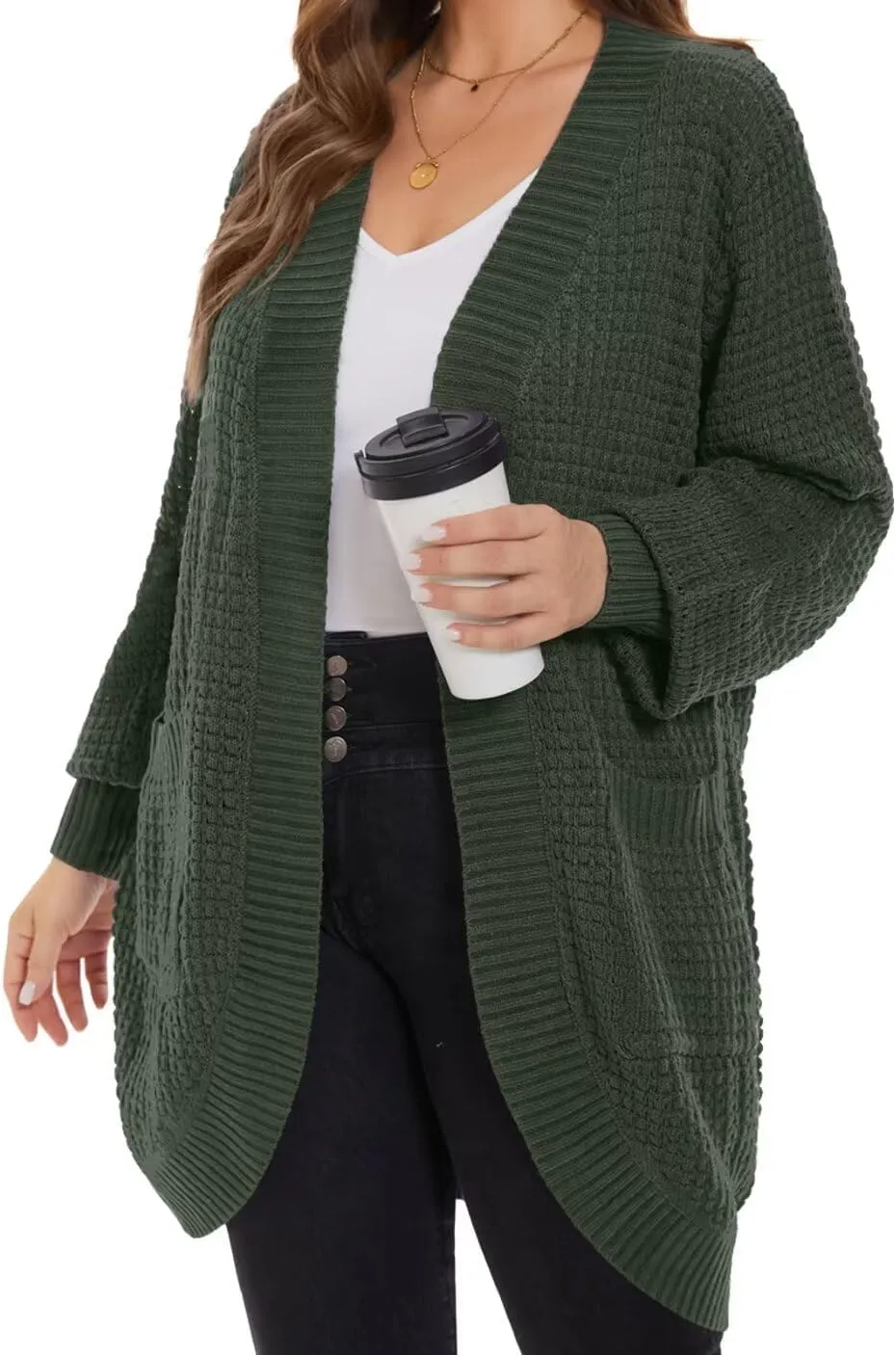 MONNURO Womens Plus Size Open Front Cardigan Waffle Knit Long Sleeve Sweaters Tops 2025 Fall Coat Outerwear with Pockets
