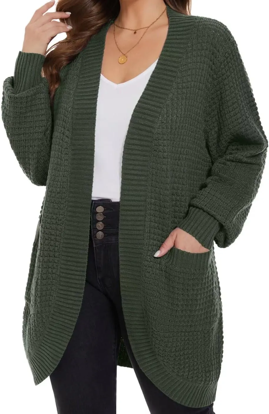 MONNURO Womens Plus Size Open Front Cardigan Waffle Knit Long Sleeve Sweaters Tops 2025 Fall Coat Outerwear with Pockets