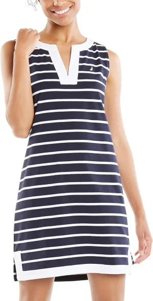 Nautica Women's Breton Stripes Sleeveless V-Neck Stretch Cotton Polo Dress