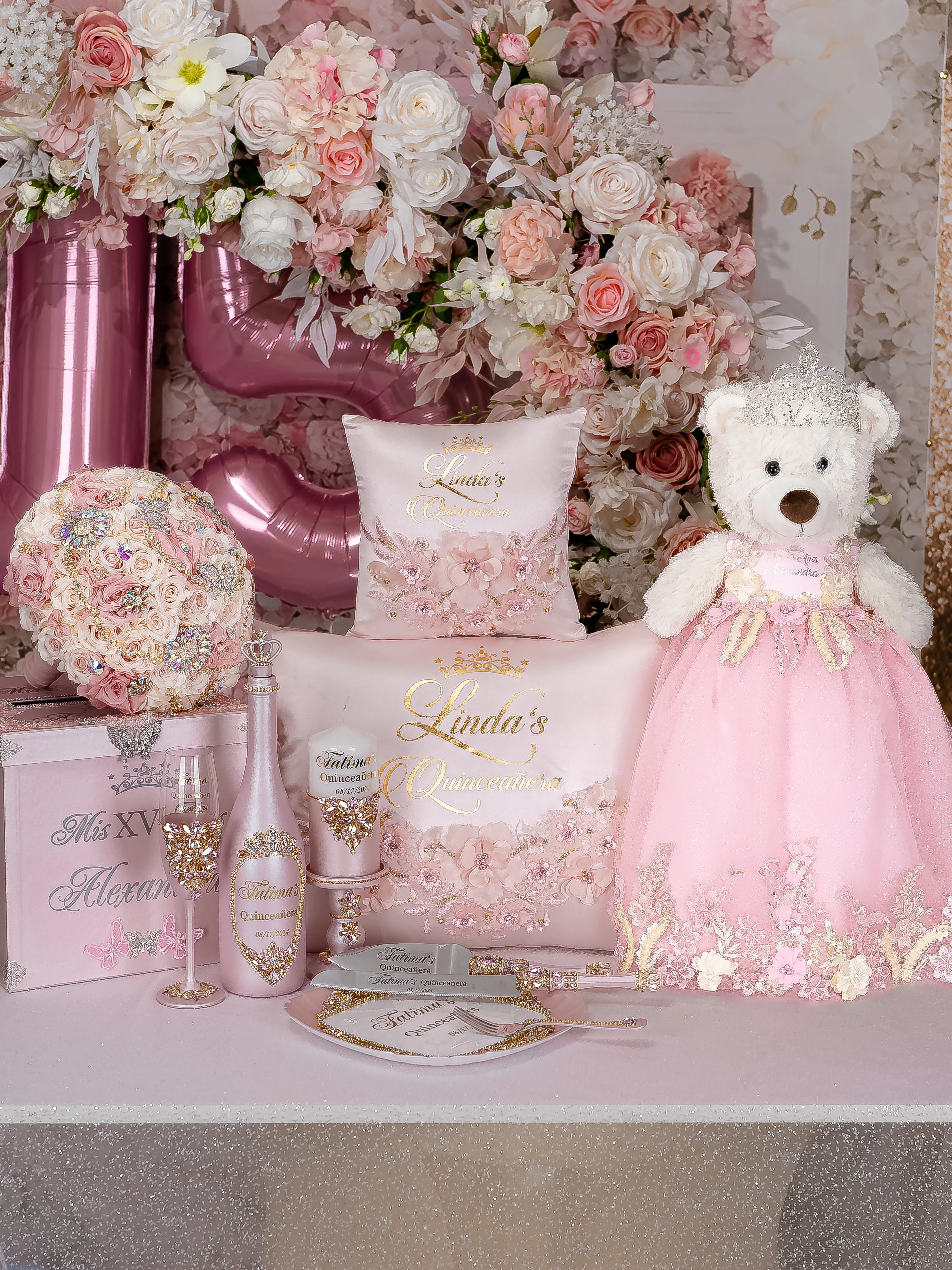 Pink Gold quinceanera guest book with pen