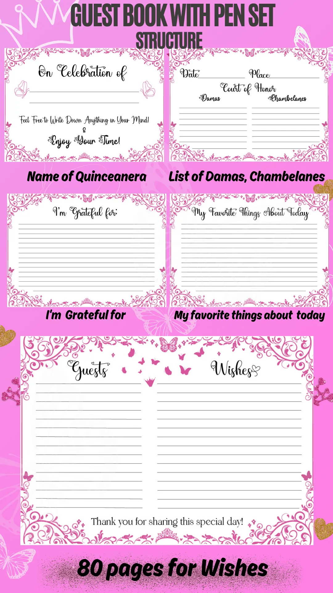 Pink Gold quinceanera guest book with pen