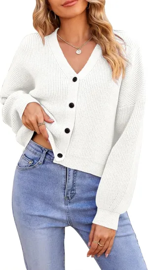 Pink Queen Women's 2025 Fall Button Down V Neck Batwing Long Sleeve Ribbed Knit Cropped Cardigan Sweater Top