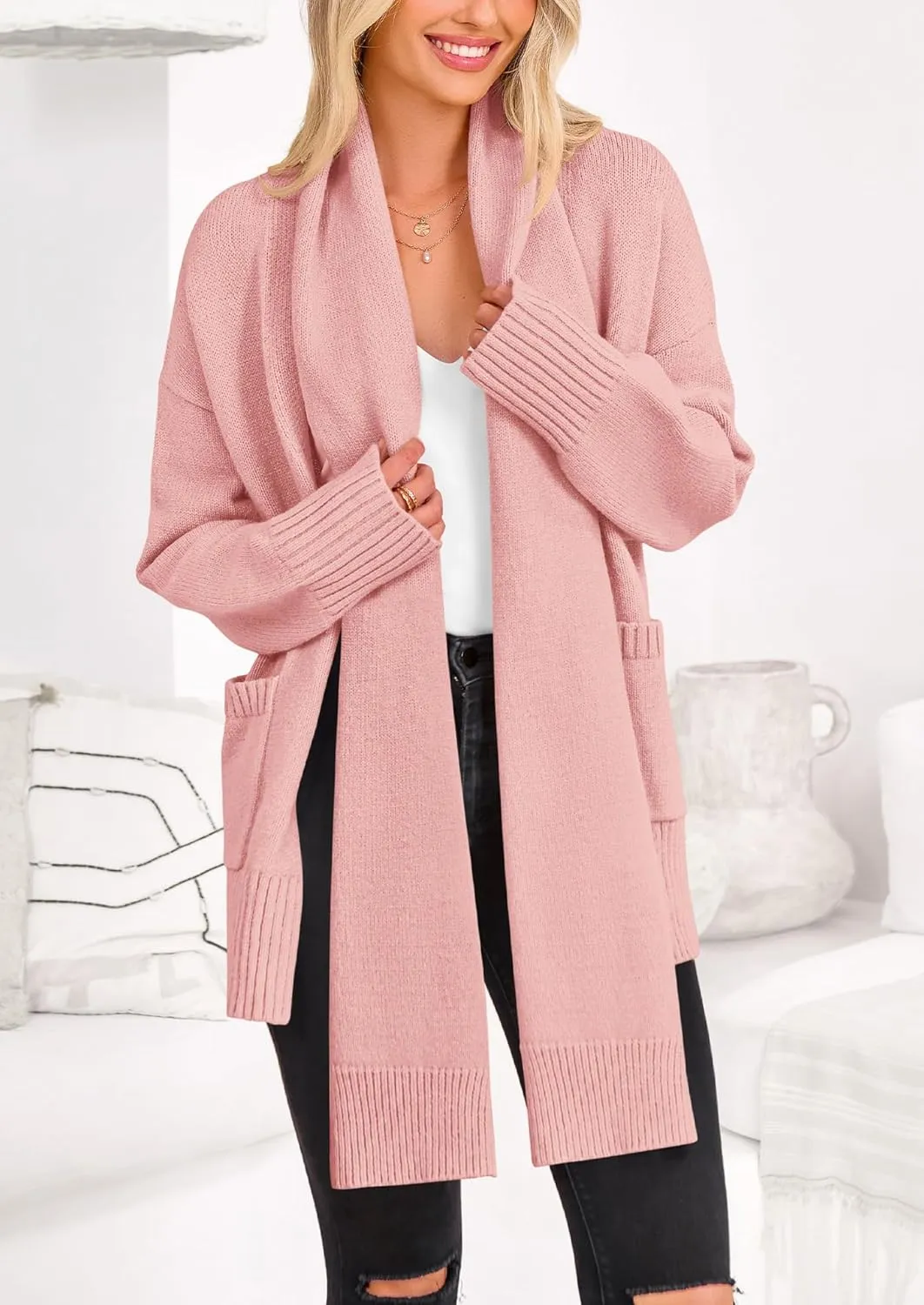 PRETTYGARDEN Women's 2024 Fall Fashion Knit Cardigan Sweaters Long Sleeve V Neck Open Front Winter Sweater Jacket with Scarf