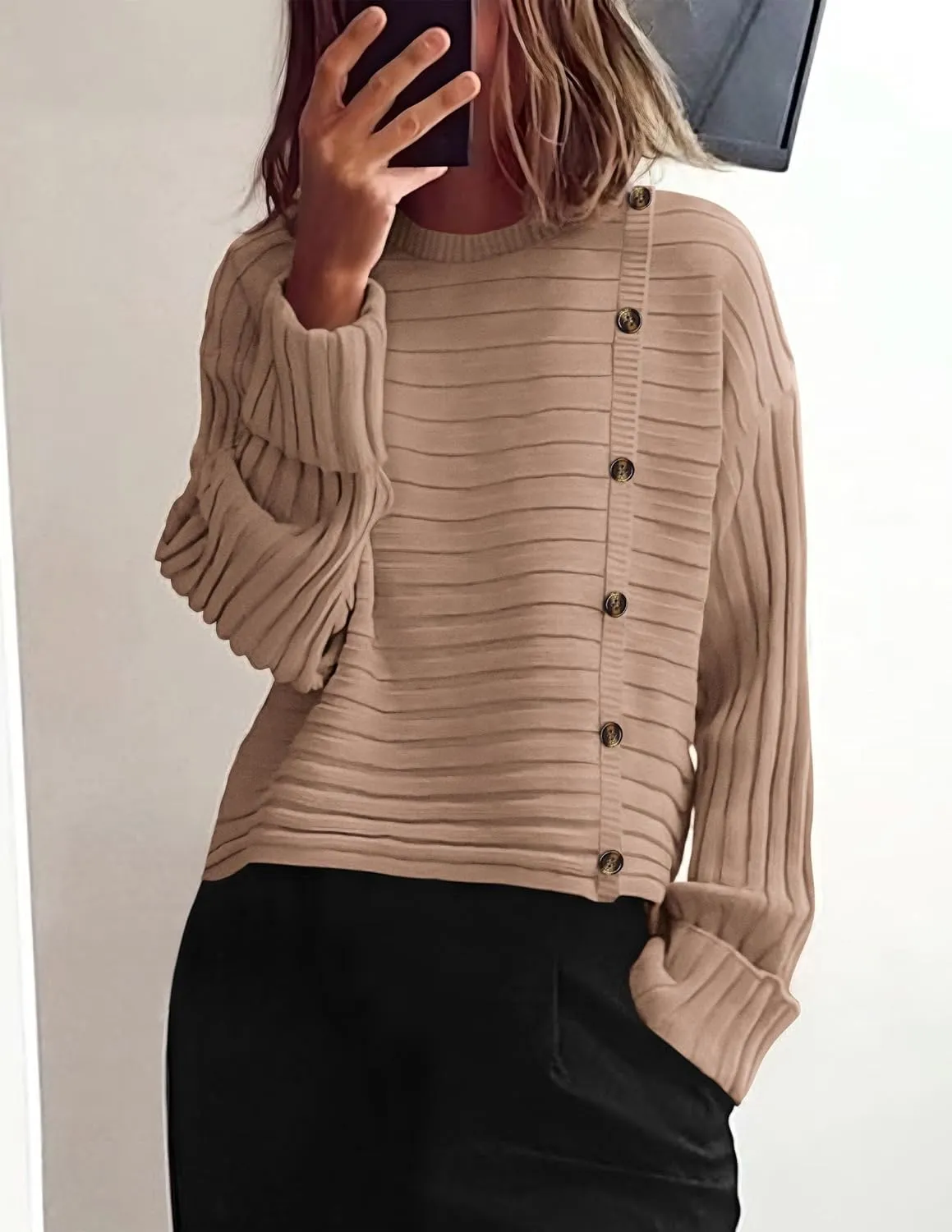 PRETTYGARDEN Womens Sweaters Fall 2025 Casual Long Sleeve Crewneck Button Loose Winter Knit Pullover Sweater Tops