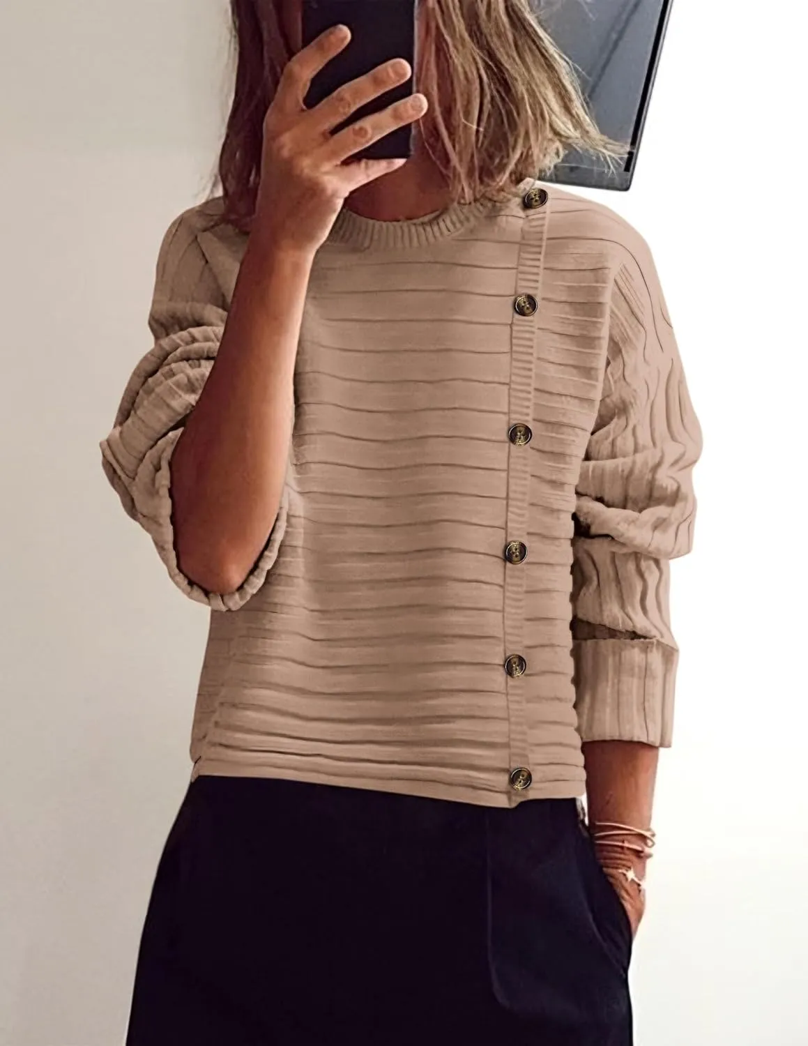 PRETTYGARDEN Womens Sweaters Fall 2025 Casual Long Sleeve Crewneck Button Loose Winter Knit Pullover Sweater Tops