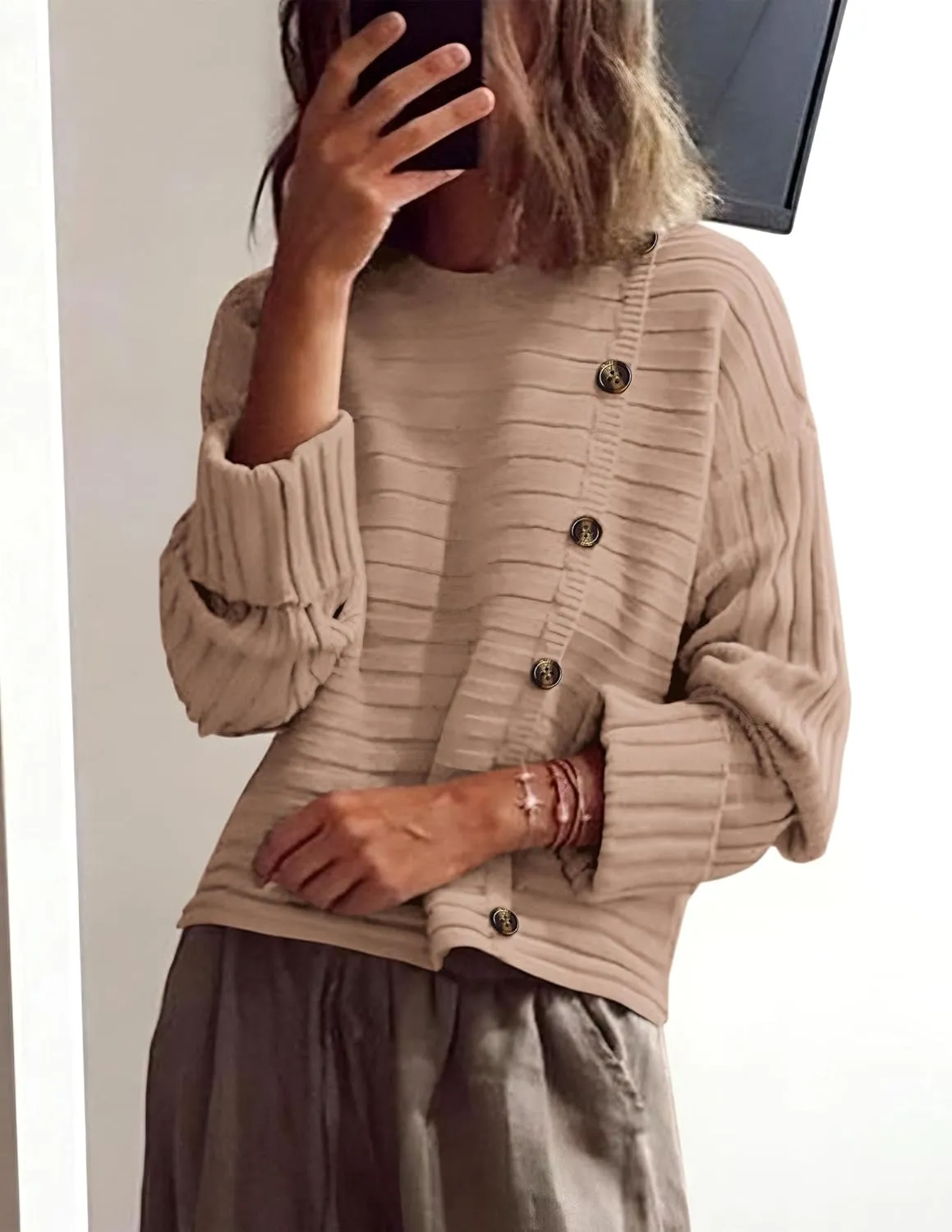 PRETTYGARDEN Womens Sweaters Fall 2025 Casual Long Sleeve Crewneck Button Loose Winter Knit Pullover Sweater Tops