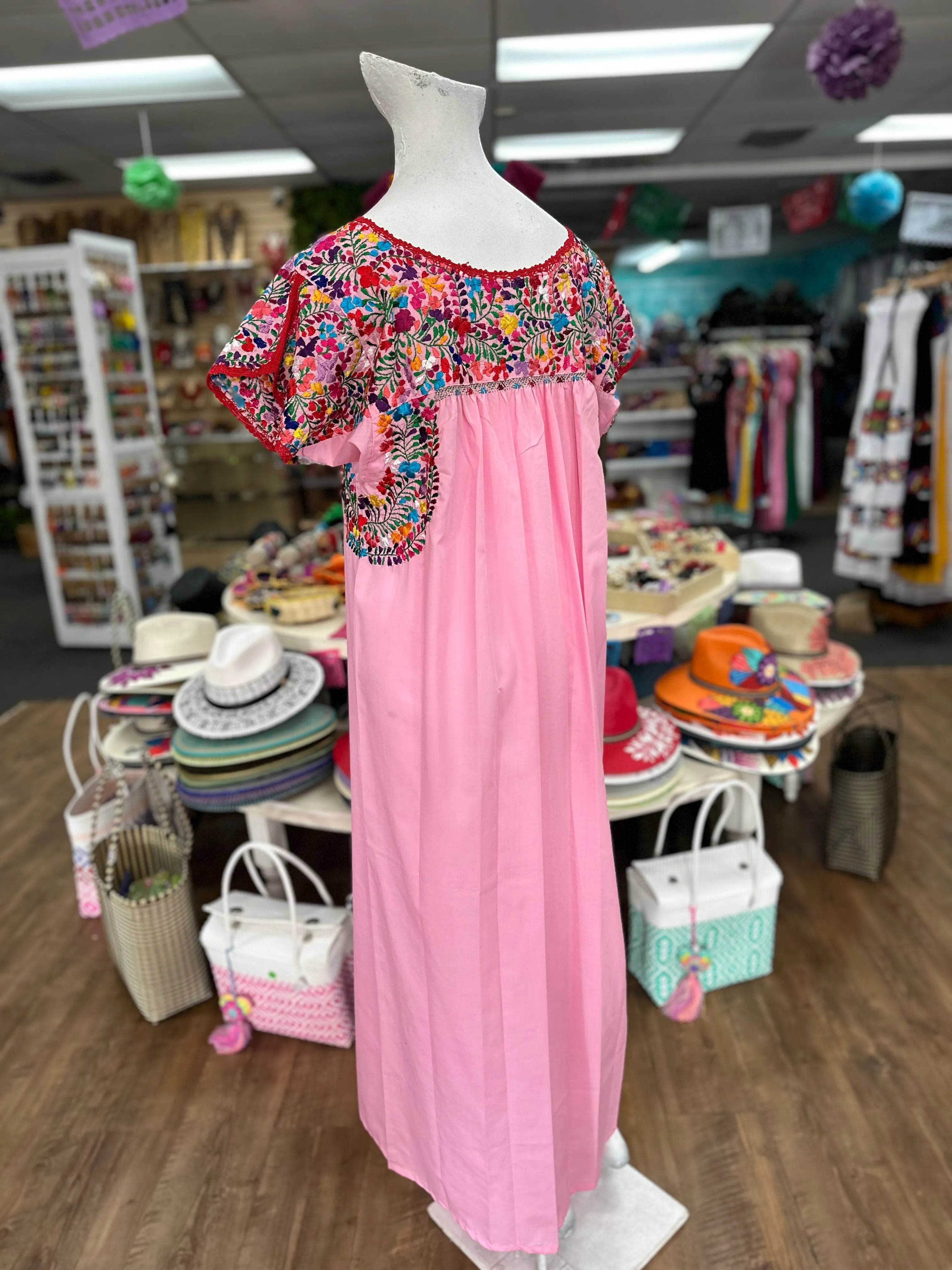 Pink San Antonino Embroidered Mexican Boho Dress - Handmade and Colorful Fiesta Wear