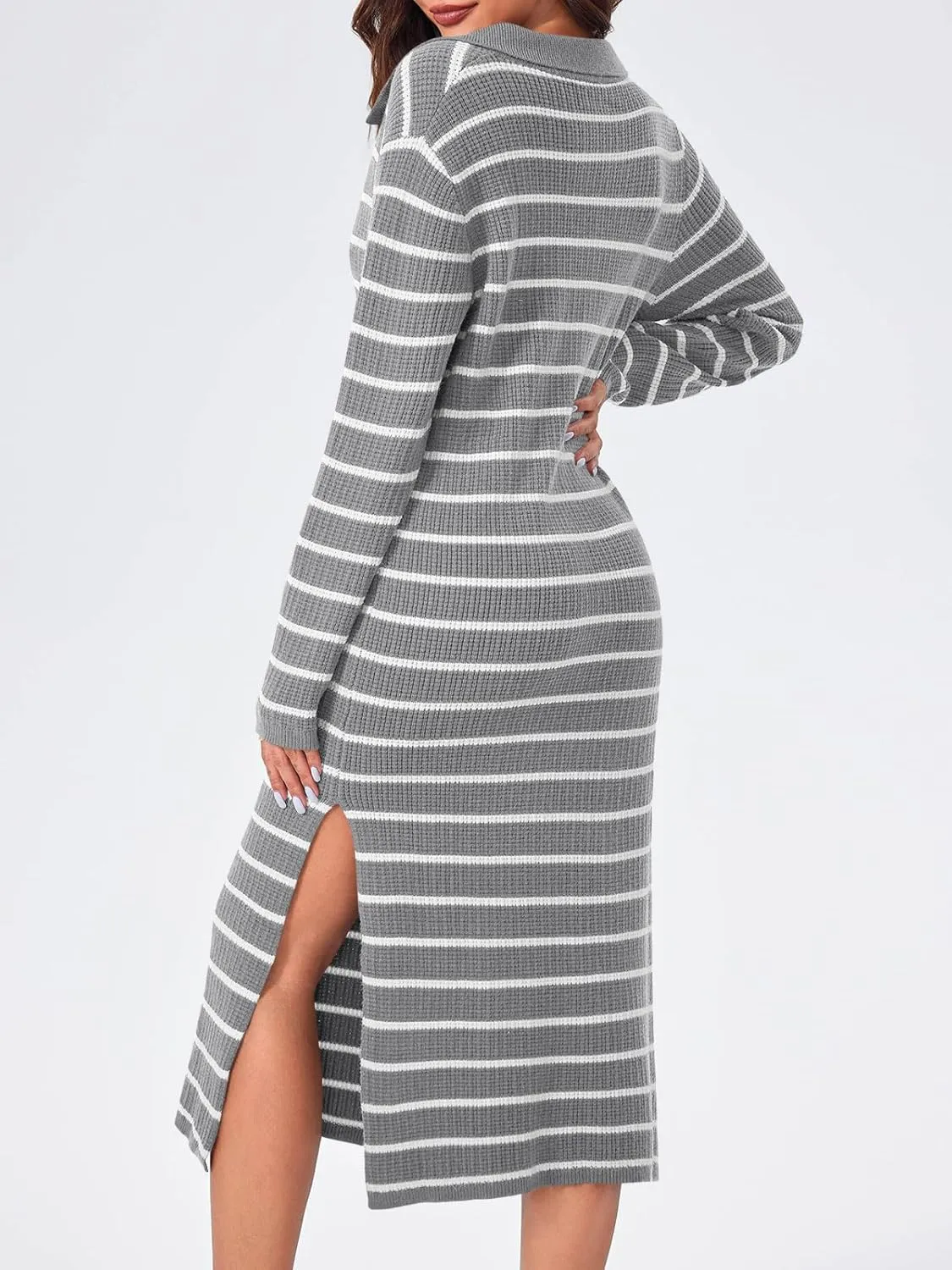 Saodimallsu Womens Striped Sweater Dress Fall Chunky Knit V Neck Collared Long Sleeve Sexy Slit Loose Midi Dresses