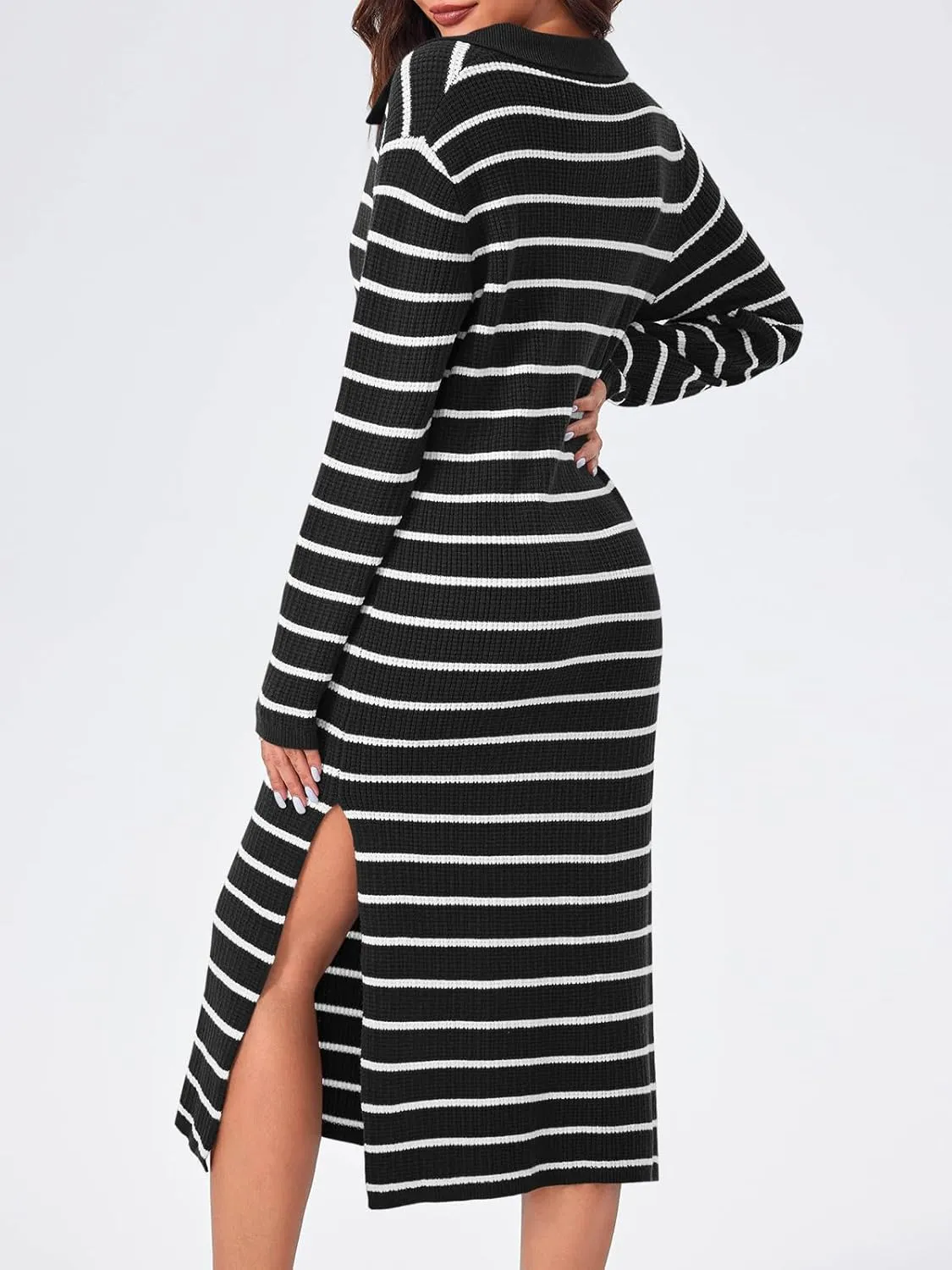 Saodimallsu Womens Striped Sweater Dress Fall Chunky Knit V Neck Collared Long Sleeve Sexy Slit Loose Midi Dresses