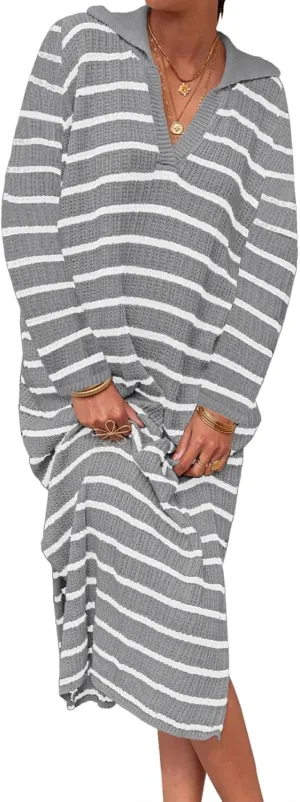 Saodimallsu Womens Striped Sweater Dress Fall Chunky Knit V Neck Collared Long Sleeve Sexy Slit Loose Midi Dresses