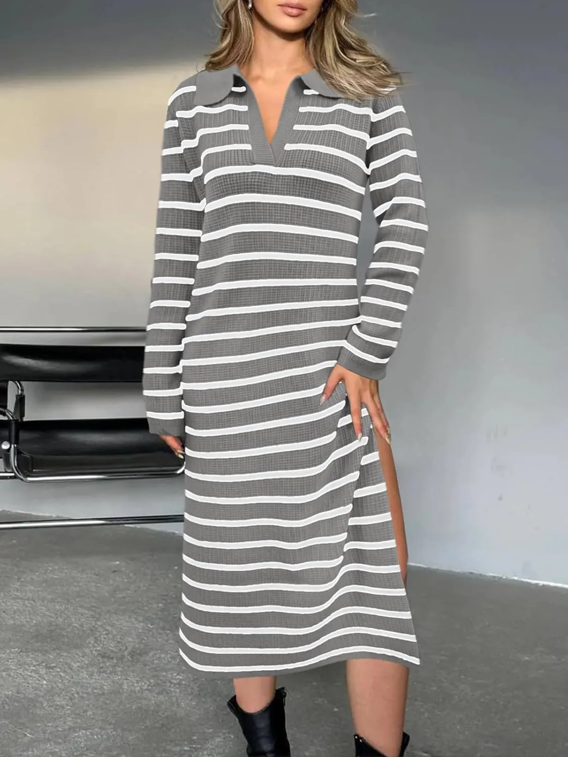 Saodimallsu Womens Striped Sweater Dress Fall Chunky Knit V Neck Collared Long Sleeve Sexy Slit Loose Midi Dresses