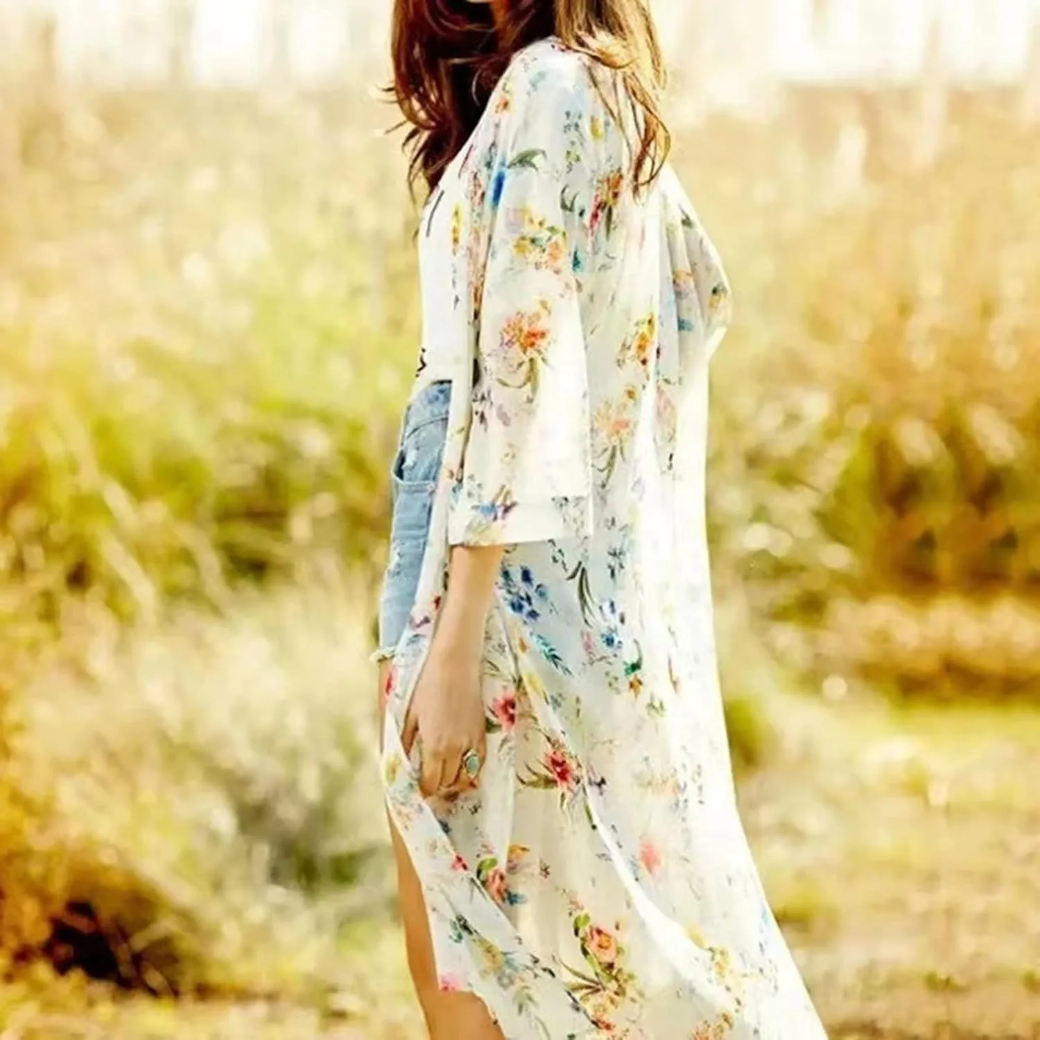 Summer Cardigans for Women Lightweight Floral Printed Sheer Long Kimono Cover Up Dressy Casual Loose Chiffon Duster Cardigans