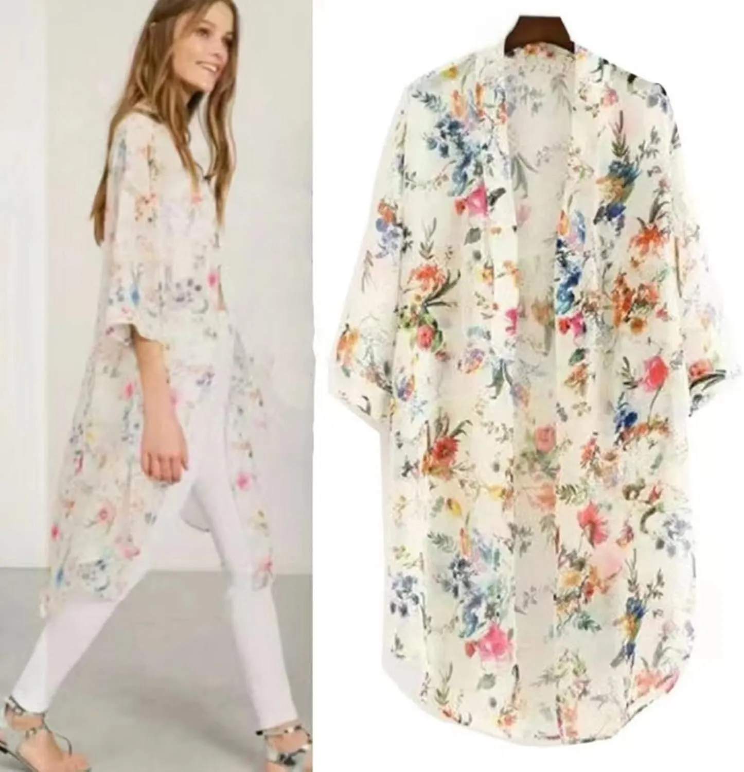 Summer Cardigans for Women Lightweight Floral Printed Sheer Long Kimono Cover Up Dressy Casual Loose Chiffon Duster Cardigans
