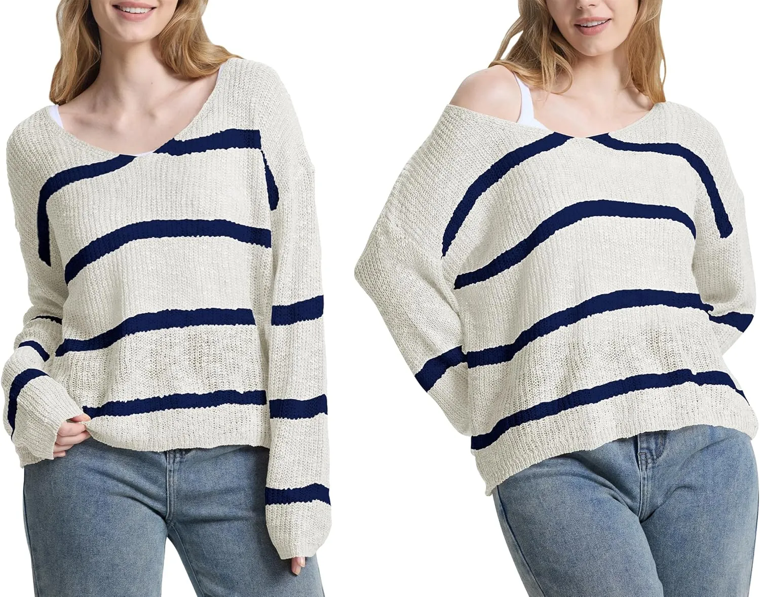Sumtory Womens Off Shoulder V Neck Light Fall Striped Pullover Sweaters Tops