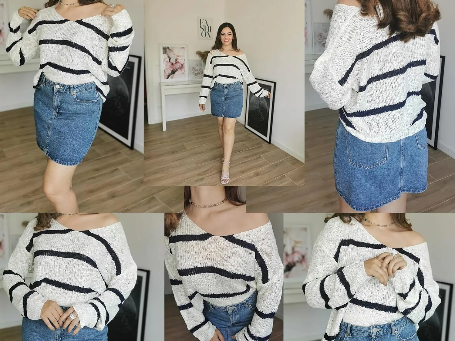 Sumtory Womens Off Shoulder V Neck Light Fall Striped Pullover Sweaters Tops