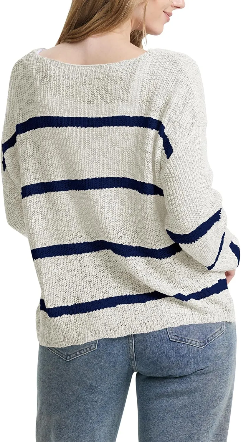Sumtory Womens Off Shoulder V Neck Light Fall Striped Pullover Sweaters Tops