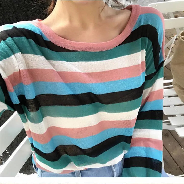 Thin Light Knit Summer Colorful Stripes Long Sleeve
