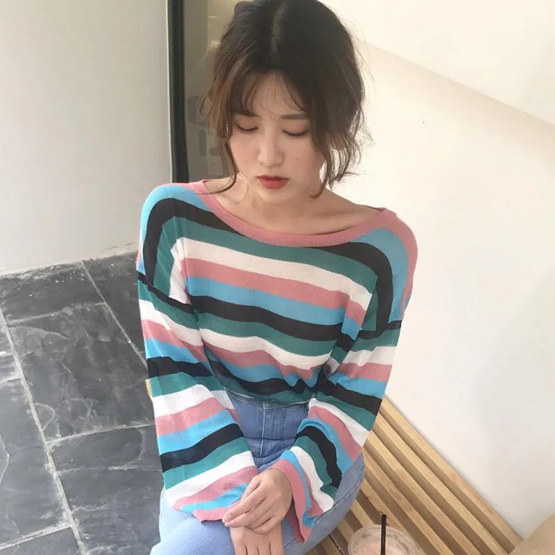 Thin Light Knit Summer Colorful Stripes Long Sleeve