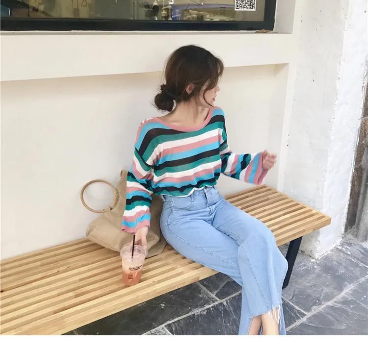Thin Light Knit Summer Colorful Stripes Long Sleeve