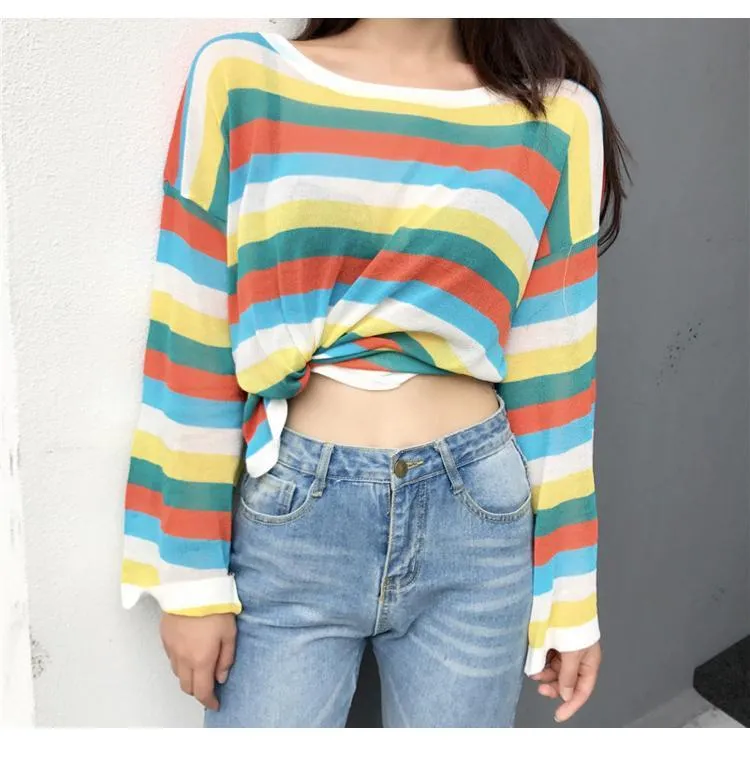 Thin Light Knit Summer Colorful Stripes Long Sleeve