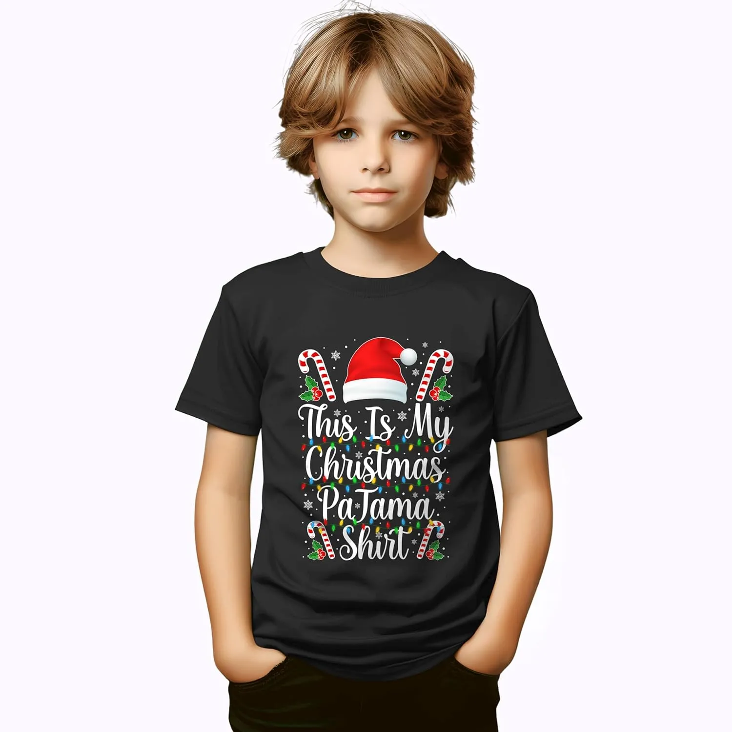 This Is My Christmas Pajama Shirt for Men Women Kids Funny Family Matching Xmas Ugly Sweater for Dad Mom Son Daughter Grandpa Grandma (XS, Kids T-Shirt, Black)