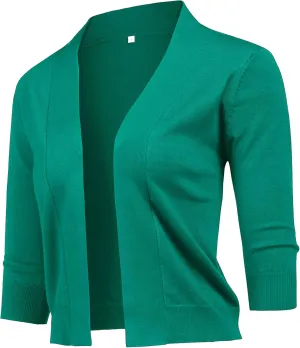 URRU Women's Classic 3/4 Sleeve Open Front Cropped Cardigan Sweater Lightweight Knit Short Shrugs
