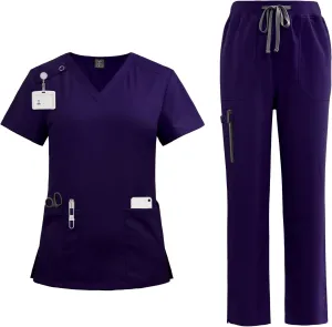 VIAOLI Scrubs Set for Women - Modern V-Neck Top & Tapered Leg Jogger Pants Multiple Pockets Nursing Uniforms
