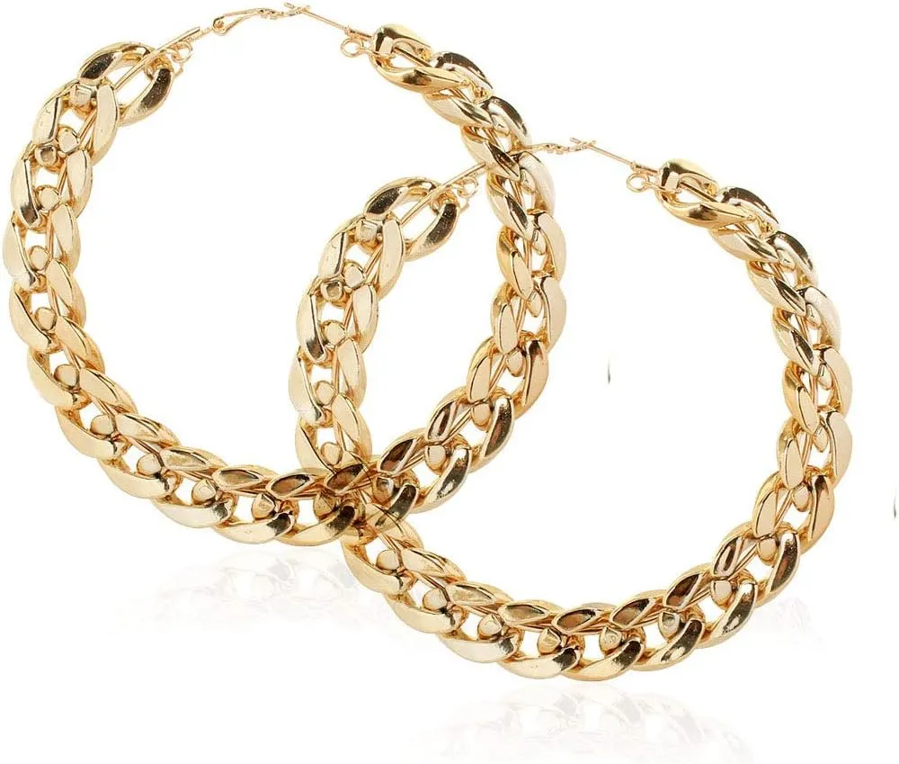 Vintage Large Statement Filigree Chunky Link Chain Big Circle Round Hoop Earrings for Women Jewelry