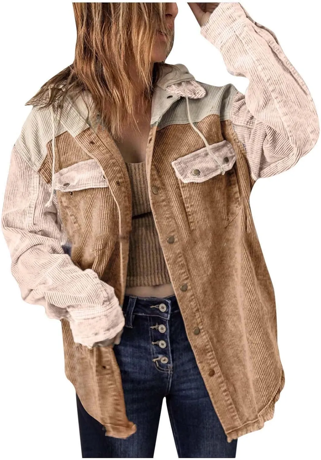 Women's Casual Corduroy Button Down Hooded Color Block Shirts Shackets Jacket Fall Winter Long Sleeve Coat Outwear