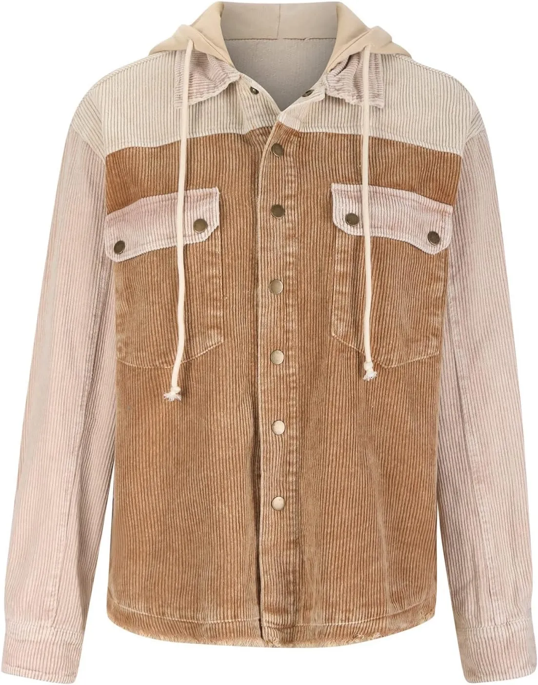 Women's Casual Corduroy Button Down Hooded Color Block Shirts Shackets Jacket Fall Winter Long Sleeve Coat Outwear