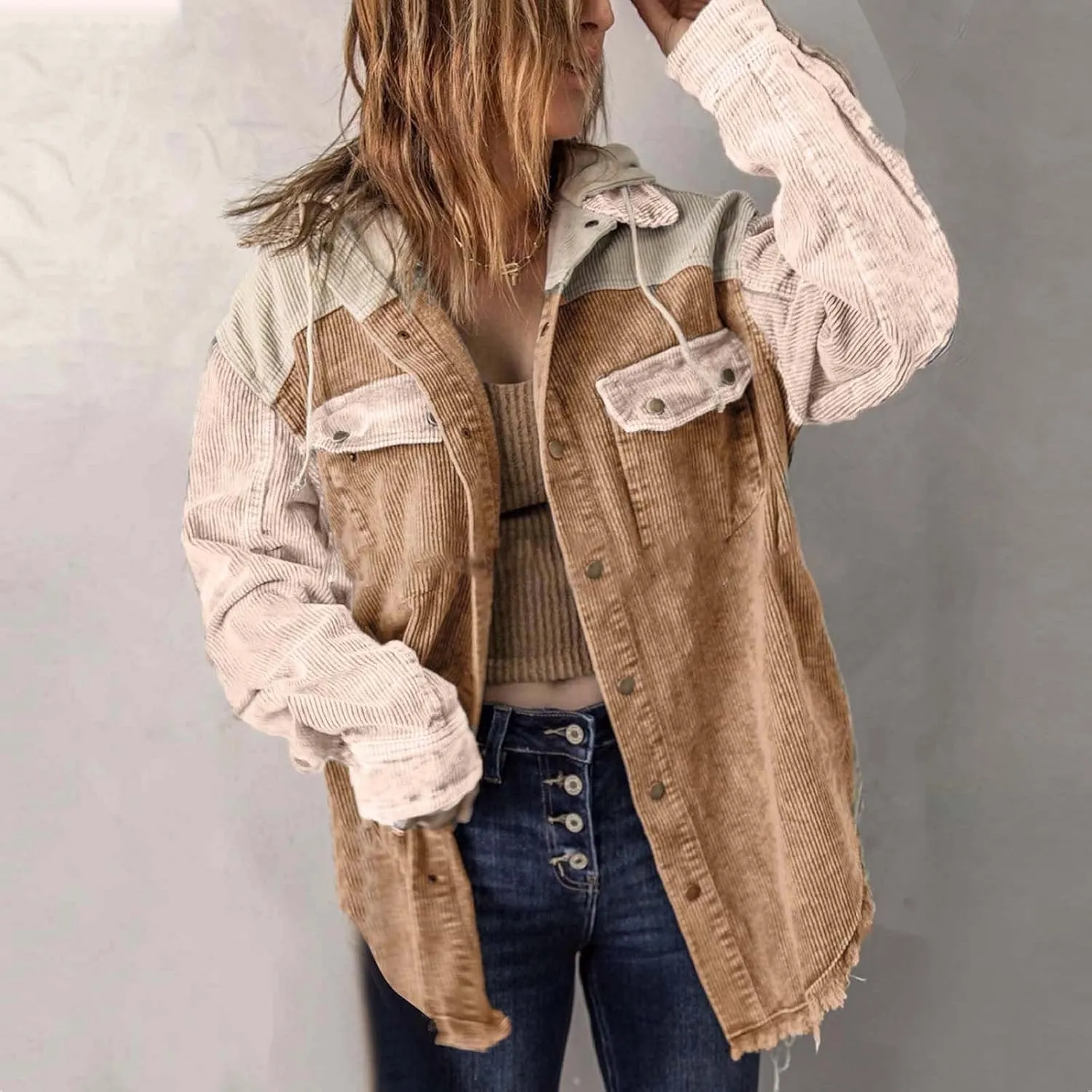 Women's Casual Corduroy Button Down Hooded Color Block Shirts Shackets Jacket Fall Winter Long Sleeve Coat Outwear