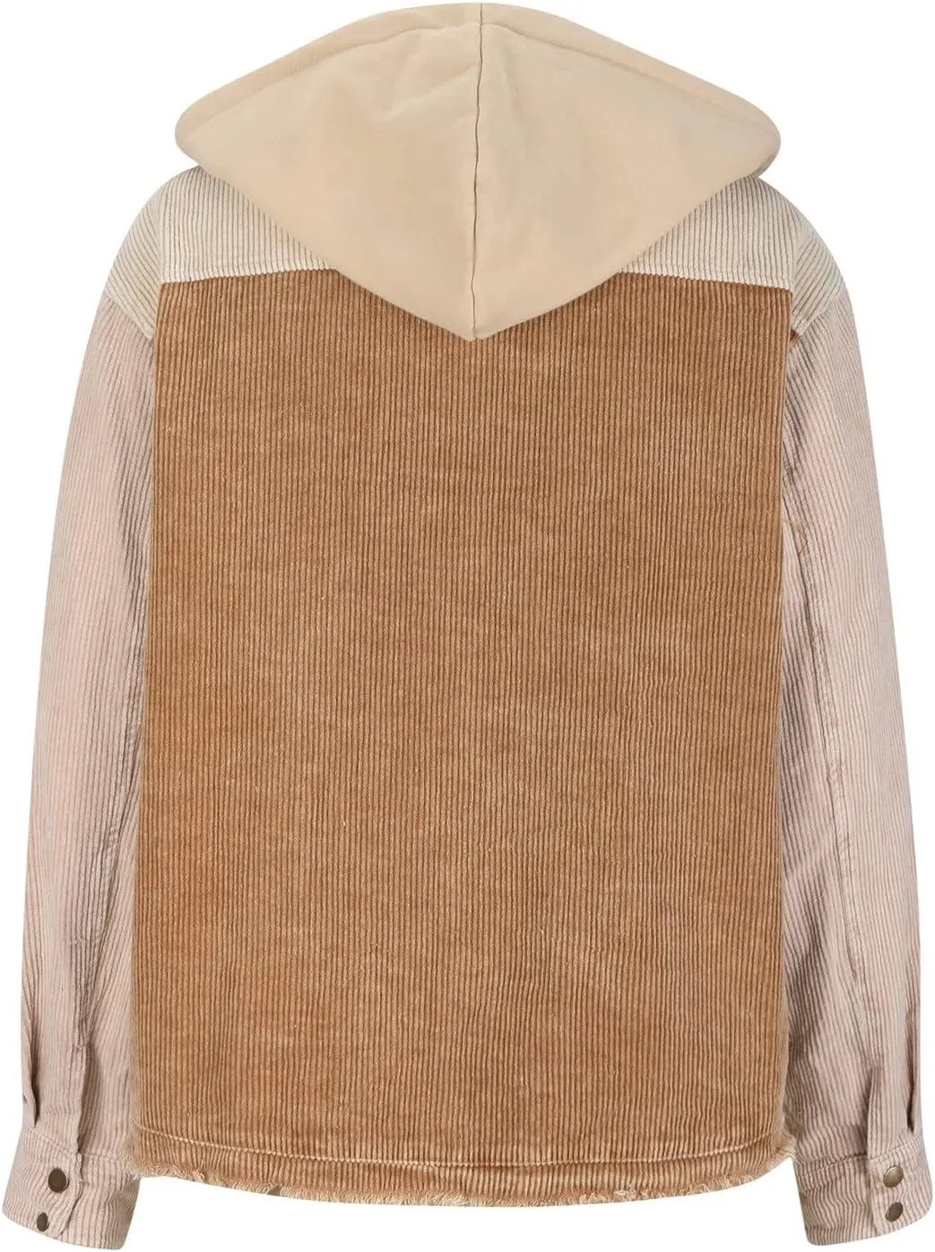 Women's Casual Corduroy Button Down Hooded Color Block Shirts Shackets Jacket Fall Winter Long Sleeve Coat Outwear