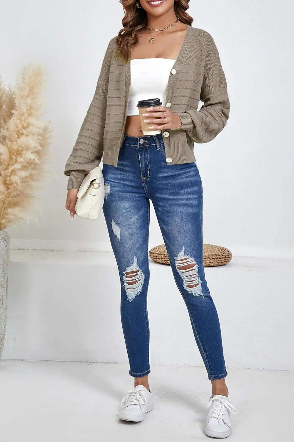 Women's Cropped Cardigan Lightweight Button Down V Neck Knit Dressy Casual Short Cardigan Sweaters