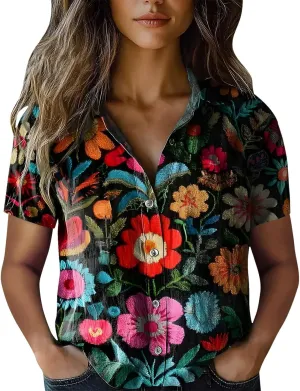 Womens Ethnic Shirts Vintage Floral Print Short Sleeve V Neck Button Down Boho Blouses Loose Fit Work Casual Tops