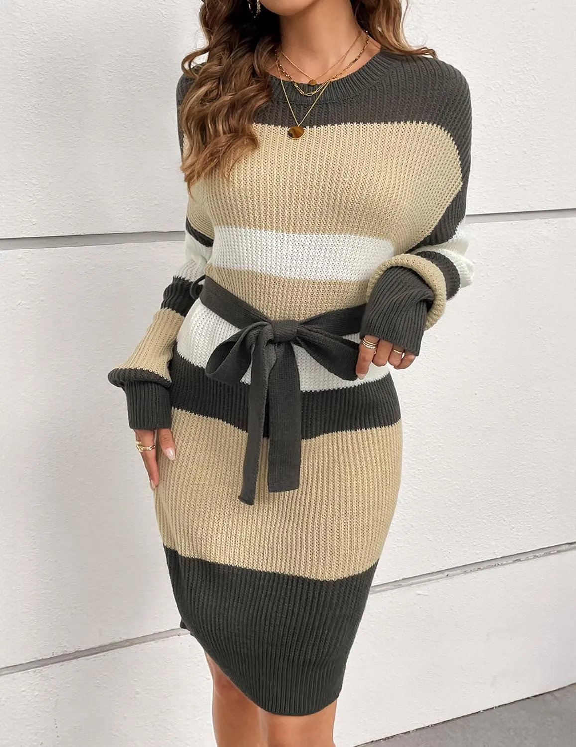 Womens Fall Casual Oversized Chunky Ribbed Knit Ladies Dressy Crewneck Striped Wrap Waist Bow Belt Midi Sweater Dress 2024