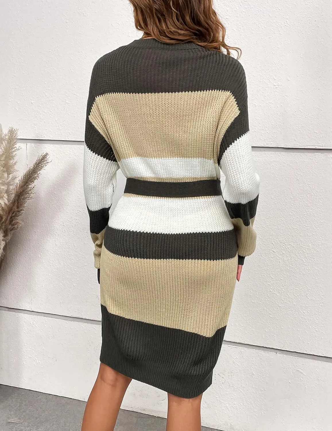 Womens Fall Casual Oversized Chunky Ribbed Knit Ladies Dressy Crewneck Striped Wrap Waist Bow Belt Midi Sweater Dress 2024