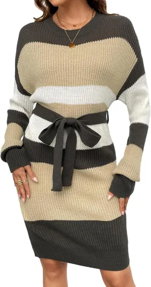 Womens Fall Casual Oversized Chunky Ribbed Knit Ladies Dressy Crewneck Striped Wrap Waist Bow Belt Midi Sweater Dress 2024