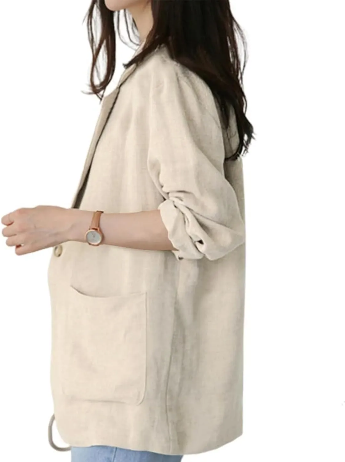 Women's Linen Blazer Jacket 2025 Lightweight Button Lapel Casual Long Sleeve Work Office Summer Jackets