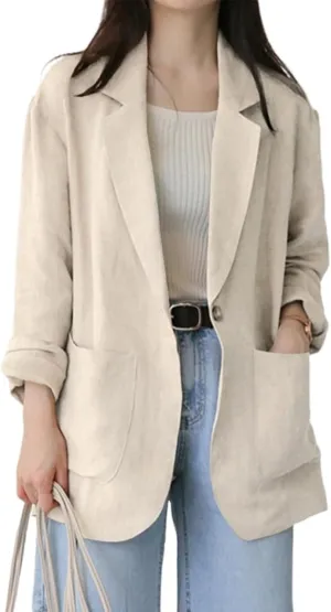 Women's Linen Blazer Jacket 2025 Lightweight Button Lapel Casual Long Sleeve Work Office Summer Jackets