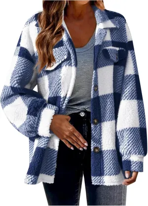 Womens Plaid Shacket Jacket Oversized Jackets Fleece Button Cardigan Trendy Plaid Outwear Warm Coat Outfits Clothes