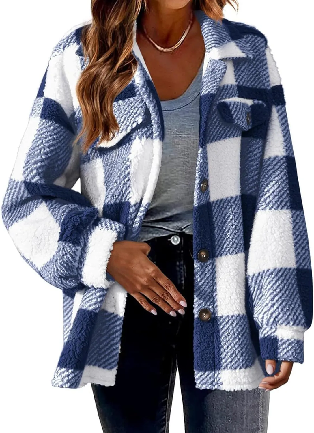 Womens Plaid Shacket Jacket Oversized Jackets Fleece Button Cardigan Trendy Plaid Outwear Warm Coat Outfits Clothes
