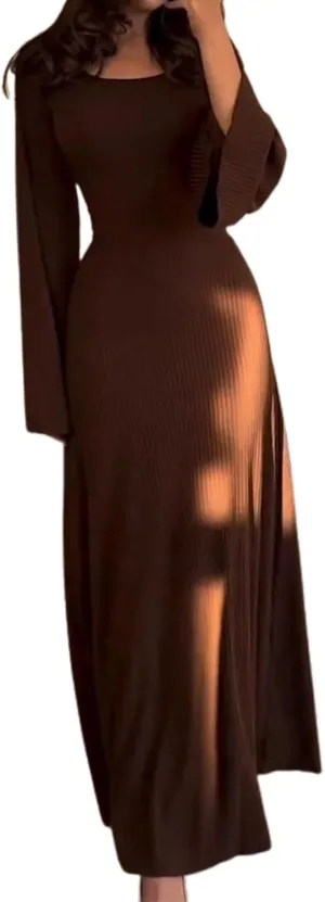Womens Ribbed Knit Bell Long Sleeve Maxi Sweater Dress Casual Round Neck High Waist Plain Bodycon Pleated Long Dress